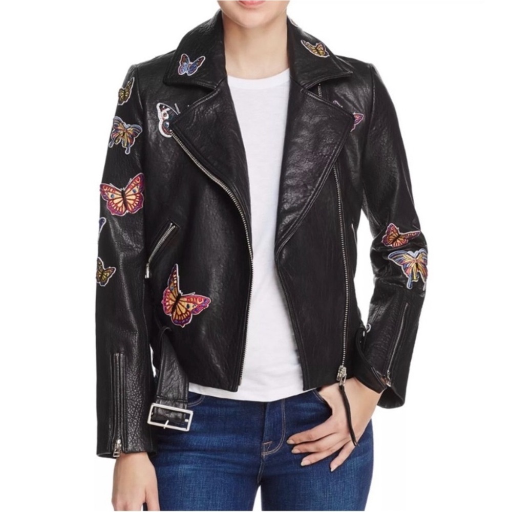 Aqua Butterfly Embroidered Genuine Leather Moto Jacket